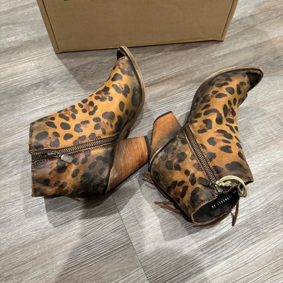 Liberty Chita Miel Concho Fringe Peep Black Leopard Stone Washed Boots Booties - Picture 6 of 10